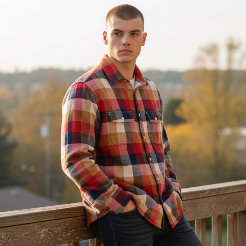 Old Navy Men's Red and Blue Plaid Button Down Shirt